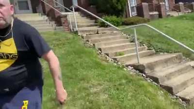 Neo Nazi punk gets a knife pulled on him for harassing people 