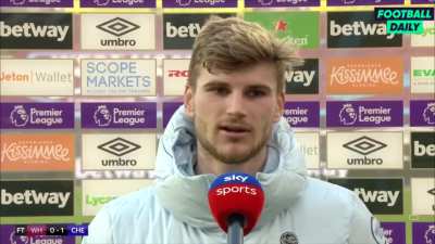 efranklin13: Timo Werner post-match interview | Werner reacts to scoring the winning goal for Chelsea in their 1-0 win over West Ham and says he could have had another: &ldquo;When I score twice today that might be too much, joking."