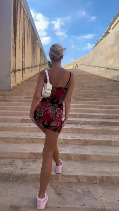 Polina Malinovskaya - Red Flower Pattern Short Black Dress on the Stairs (IG Clip)