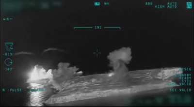 Two Ukrainian Su-27 striking Russian facilities on the Snake Island in the Black Sea, filmed by a Bayraktar TB2 drone. May 2022