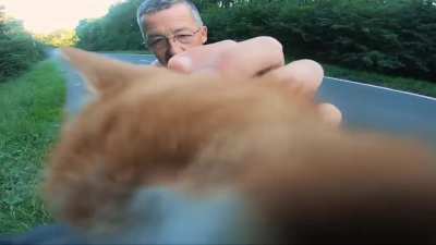 Biker saves a kitten stranded in the middle of the highway