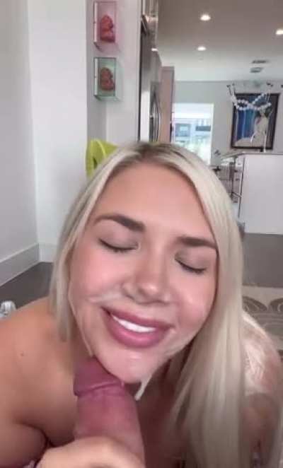 Cute blonde makes him cum on her face
