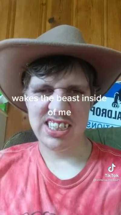 His teeth is behind his teeth