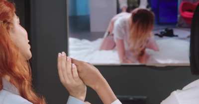 Marina Gold and Alika Penagos watch lesbian porn together