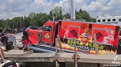 Burger truck atop pontoon boat capsizes