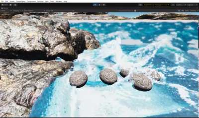 Merging a full 3D interactive fluids solution to an ocean system for dynamic shore lines and rivers with true splashes. First work on the optimized fluid mechanics, obstacle definition and matching of the rendering style with the ocean water.