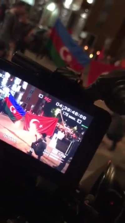 Armenian-style commemorating of victims: Karabakh Armenians gathered today in central square of Khankendi/Stepanakert to burn down the Turkish and Azerbaijani flags while screaming "Mah Turkerin/Death to Turks". Video by Lyov Sahakyan