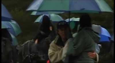 Nazgul with umbrellas. It was raining on the day Peter Jackson filmed the scene of Arwen being chased by the Nazgul in "The Fellowship of the Ring", so the Nazgul actors were given umbrellas to shield themselves from the elements.