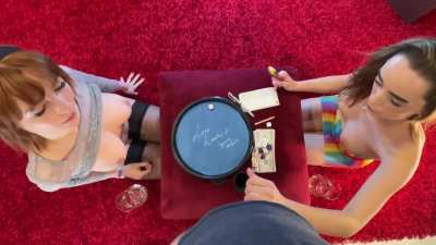 Two crazy hot party girls in a Handjob Game dice challenge with Lilly (all natural big tits redhead) and Alice (the raver edm lover girl in rainbow see through outfit) Level 2: Difficulty "impossibru"