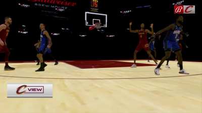 [Highlight] Cavaliers show off their C-View 3D replay technology... it's questionable graphics put a fans face in the basket on Evan Mobley's dunk