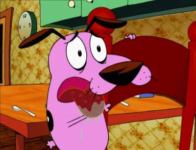 I came up with this meme a few years back. Here's the template. I'm trying to think of a name for it. Courage the Hungry Dog? Courage the Impatient Dog?