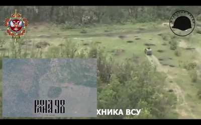 Two angles of a Ukrainian "Kozak-7" armored vehicle driving over a mine near Chasiv Yar, two survivors can be seen moving towards the woods