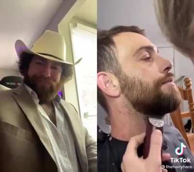 Wife shaving husband's beard