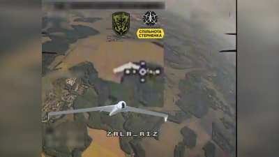 Russian observation drone Zala flying over Sumy Oblast was hit by remotely detonated kamikaze drone of the 501st Separate Marine Infantry Battalion "Gryphon". Published on August 23, 2024.