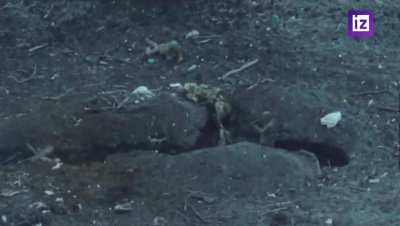 Drone view of close-quarters combat as Russian soldiers clear an AFU trench west of Marinka. December 2023.