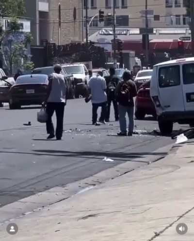 Los Angeles driver has his car looted after an accident. When he drives to drive away, he hits another car and his dragged from his.