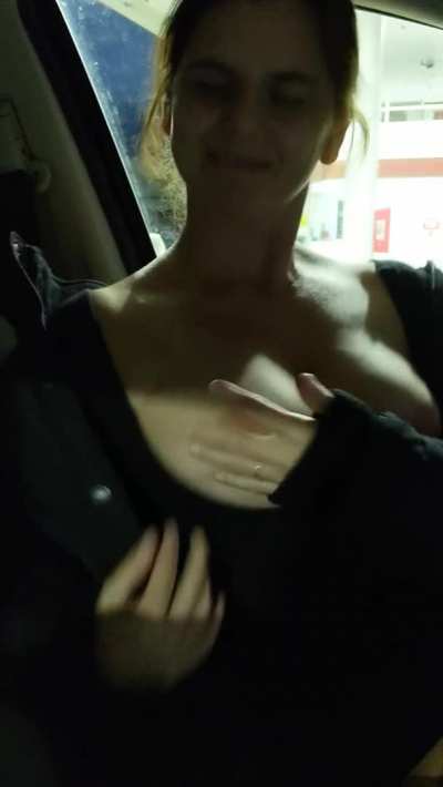 [f]lashing my boobs while stopped for gas (sorry I struggled getting them out-new dress)
