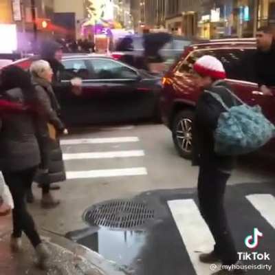 Driver: “I’m driving over here!” NYers: “I’m walking over here!”