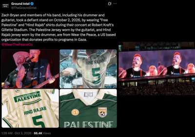 Last night at Gillette Stadium, Zach Bryan &amp; his band, one of the biggest country music artists in the world, wore 'Free Palestine' &amp; other pro-Palestine/anti-genocide clothing onstage.