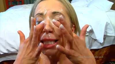 Milf is smiling throughout Bukkake-"It feels very thick"