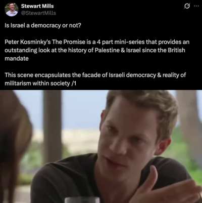 Scene from Peter Kosminky's 'The Promise' (2011), which encapsulates how liberal Zionism obfuscates the reality of Israeli apartheid.