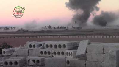 Explosive laden BMP detonates amongst SAA "command buildings" during the siege of Menagh Military Airbase - 2013