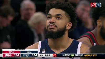 [Highlight] In his first game back, KAT hits two clutch free throws to give the Wolves a one point lead with 3 seconds left