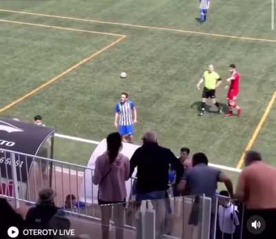 Coach sent off after entering the pitch and stopping the opposition&rsquo;s counter attack in the 89th minute