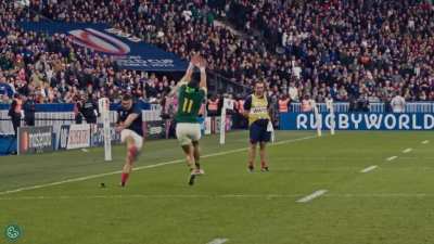 Cheslin Kolbe charging down Thomas Ramos' conversation attempt, on-field angle shown in the Whistleblowers documentary