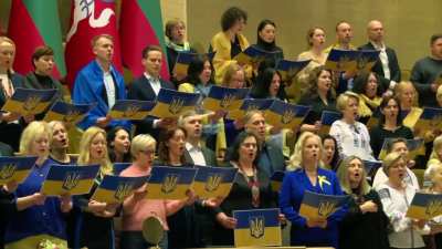 Powerful video. Today, the Lithuanian Seimas (parliament) sang the Ukrainian national anthem. Discussions of politicians and diplomats are planned for the anniversary of the invasion in the parliament, as well as a photo exhibition "4.5.0" of war-torn Ukr