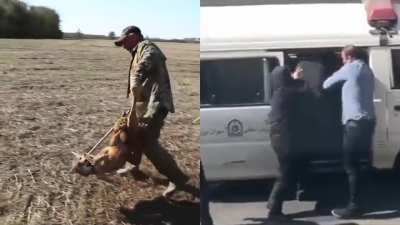 The Islamic Republic's morality police using a catch pole (a tool for restraining wild animals) to arrest a woman with a so-called "improper" hijab, October 14, 2021.
