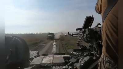 Russian convoy towing artillery runs into Ukrainian tanks and Infantry. Kherson region, Ukraine. October, 2022. 