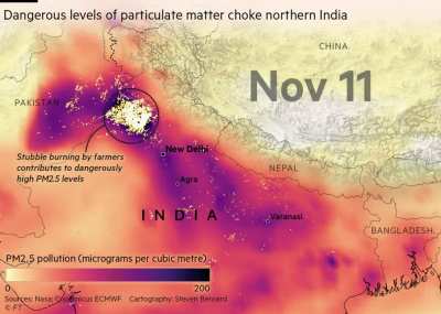 [OC] Animation showing dangerous levels of PM2.5 pollution in northern India due to stubble burning and Diwali fireworks