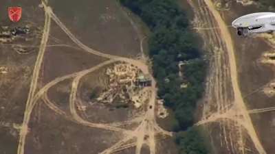 A Russian command post with UAV stations is hit by a Ukrainian air strike (spotted by a Shark drone)