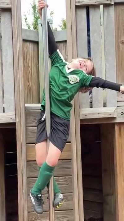 My daughter wanted to make a slow-mo video of her going down the pole. Her brother was impatient.