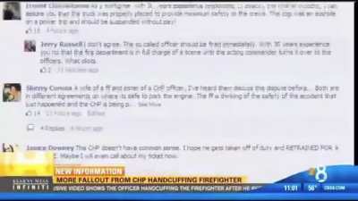 Cop arrests fire fighter in the middle of tending to a wounded civilian because fire truck was 1 mm over the line.