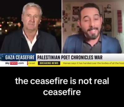 &ldquo;You say there is a ceasefire, but yesterday Israel killed seven people in Khan Younis and Al-Shuja&rsquo;iya.&rdquo; - Palestinian poet and writer Mosab Abu Toha, speaking to Sky News, exposing the grim reality of the so-called ceasefire in Gaza.