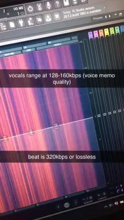 proof that &ldquo;i changed her life&rdquo; vocals are a voice memo. a normal studio recording would be peaking toward the high end indicating that the quality is 320kbps or lossless. this vocal however ranges around 128-160kbps which is voice memo/video rip quality