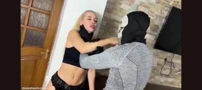 Cyborg destroy beautiful blonde belly