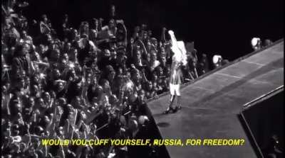 Lady Gaga at her show in Moscow, Russia protesting against anti-LGBT laws. She is banned from violating the terms of her visa by spreading &ldquo;gay propaganda&rdquo;.