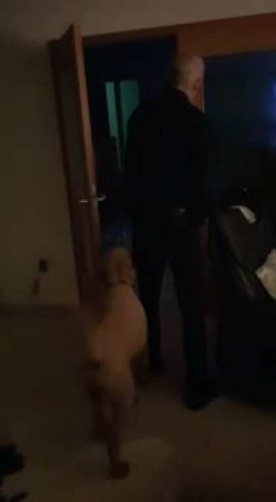 My farther preparing for a walk with the dog he 