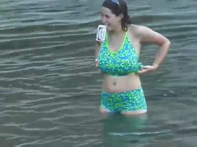Busty river babe is very generous with multiple flashes 