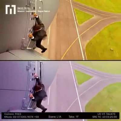 Tom Cruise performed this sequence where he's hanging onto a flying airplane without digital effects or a stunt double. At times the aircraft reached 5,000 feet in the air.