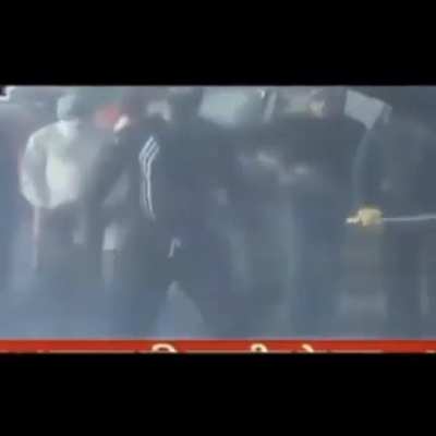 Sikh farmer stands his ground against water cannon in massive farmer protest against reforms passed by the Indian government.