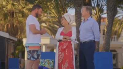 Stephanie Beacham as Lady Gloria Whitten-Soames, with Nicholas Waring as Giles Chowdry and Stefanos Michael as Christos in a scene from TV comedy crime drama The Sunshine Murders episode 4 'The Art of Murder' which aired 11 September 2025 on UPtv (USA) an