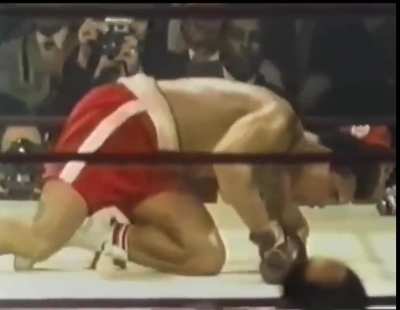 Joe Frazier knocks down Muhammad Ali in their &ldquo;Fight of the Century&rdquo; bout. 8th March 1971.
