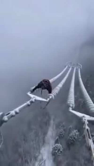 Cable line worker making his way back in snowy conditions