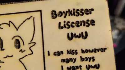 I lazer Engrave my own BoyKisser License.    Now I can Kiss any boy I want   &amp;gt;:3c      (OC)