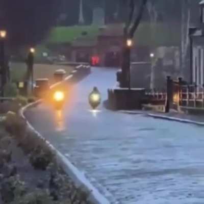 Batman falling off his motorcycle while filming in Glasgow for The Batman (2022)