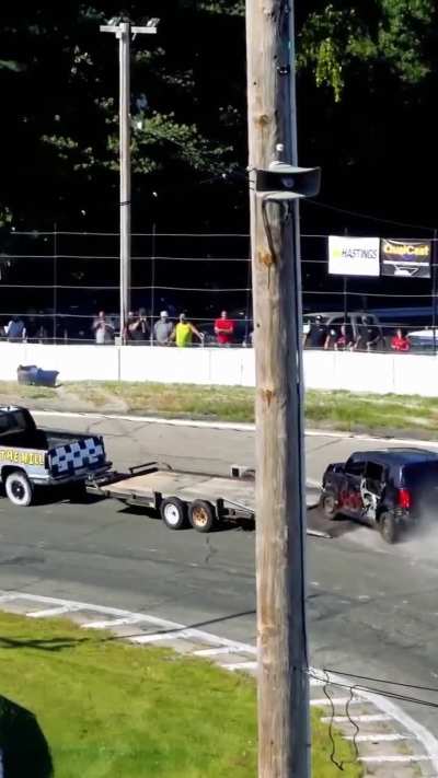 King of the hill race in Hudson speedway , the goal is to park on running trailer